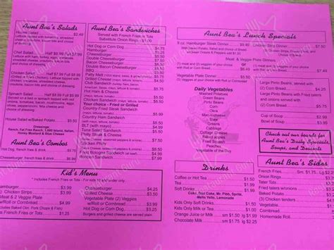 Aunt bea's home cooking menu  Reported as permanently closed